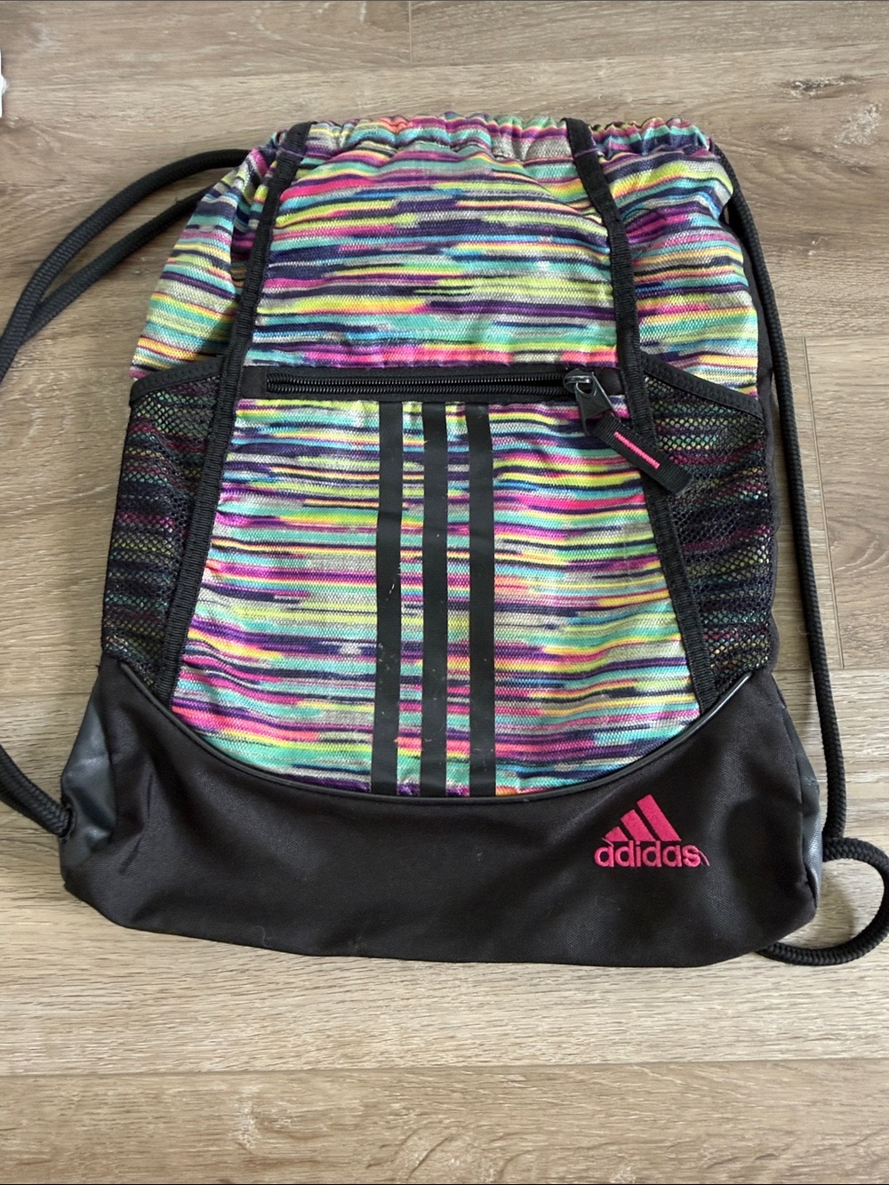 ADIDAS Black Drawstring Backpack with Multicolor Stripes and Pink Logo
